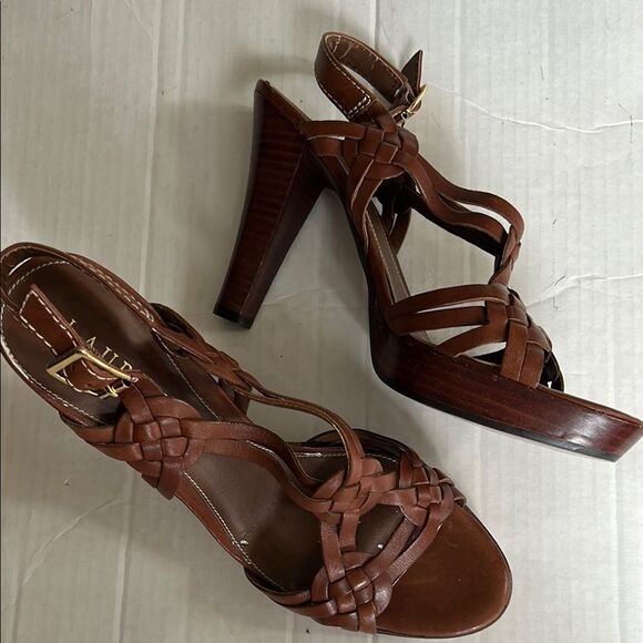 LAUREN RALPH LAUREN 9 Brown Woven Heeled Sandals Braided Slingback Open Toe - Picture 1 of 15
